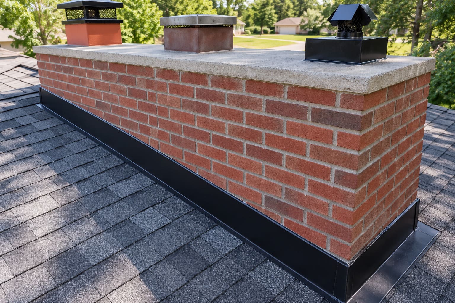 Chimney flashing installation on a roof in Gresham, Oregon