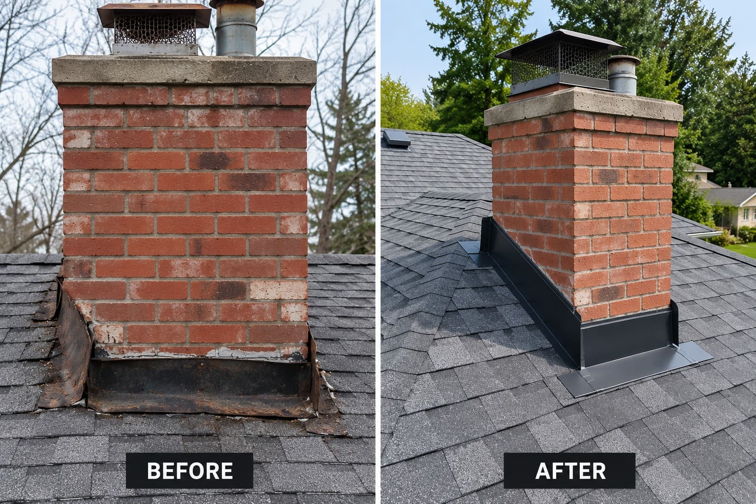Before and after chimney flashing repair on a brick chimney in Gresham, Oregon