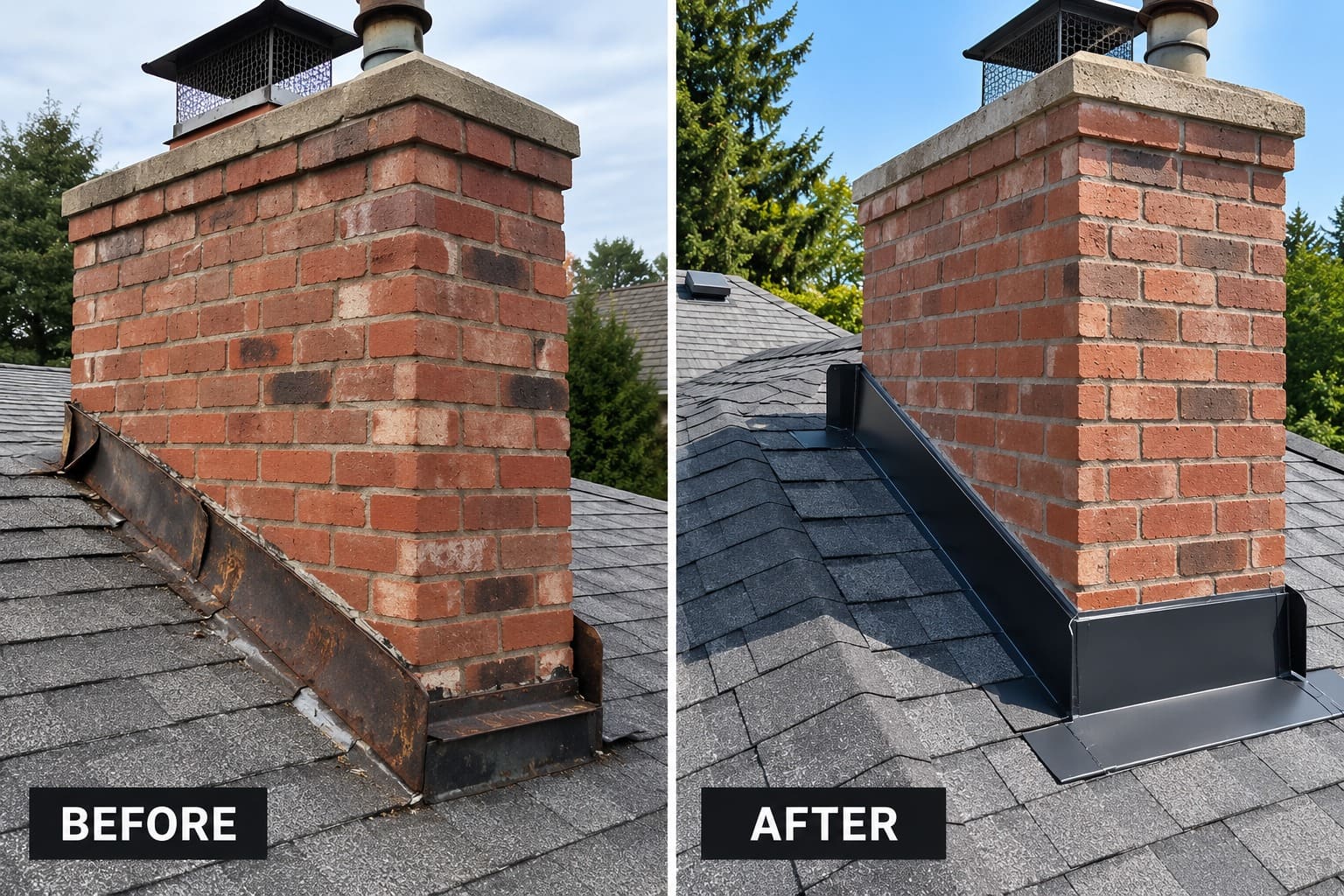 Before and after chimney flashing repair: rusted flashing replaced with new step and counter flashing in Gresham