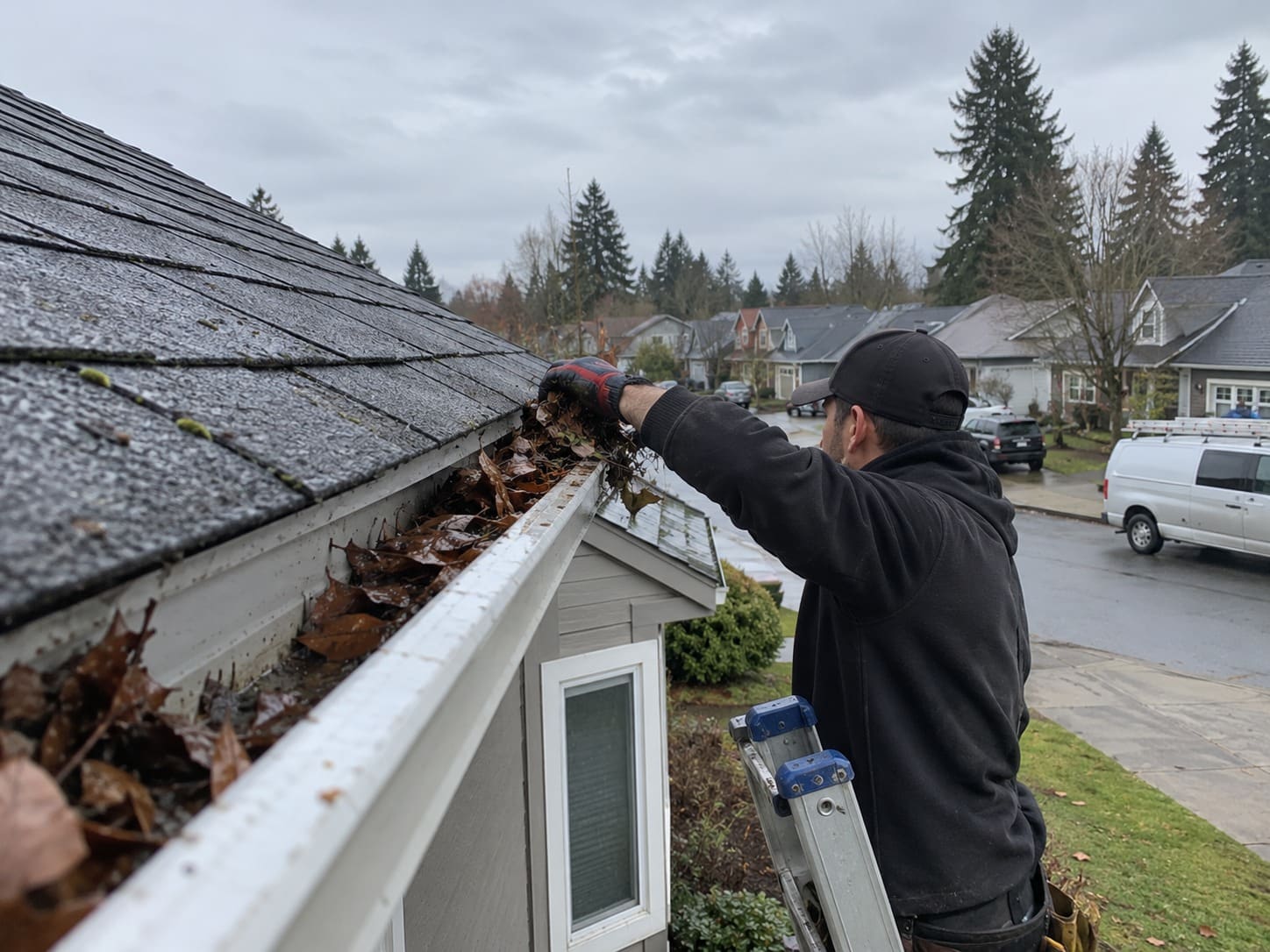 Gutter cleaning on a home in Gresham, Oregon
