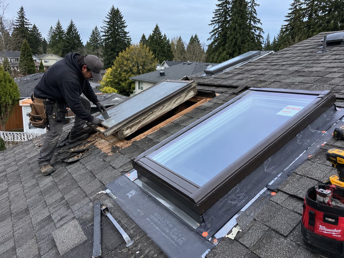 Skylight repair on a roof in Gresham, Oregon