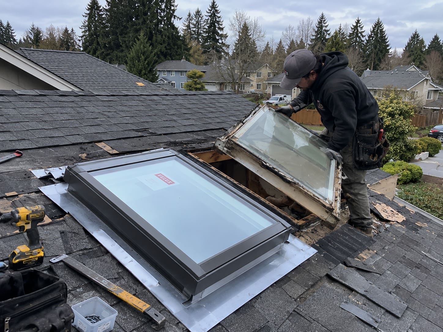 Skylight replacement on a roof in Gresham, Oregon