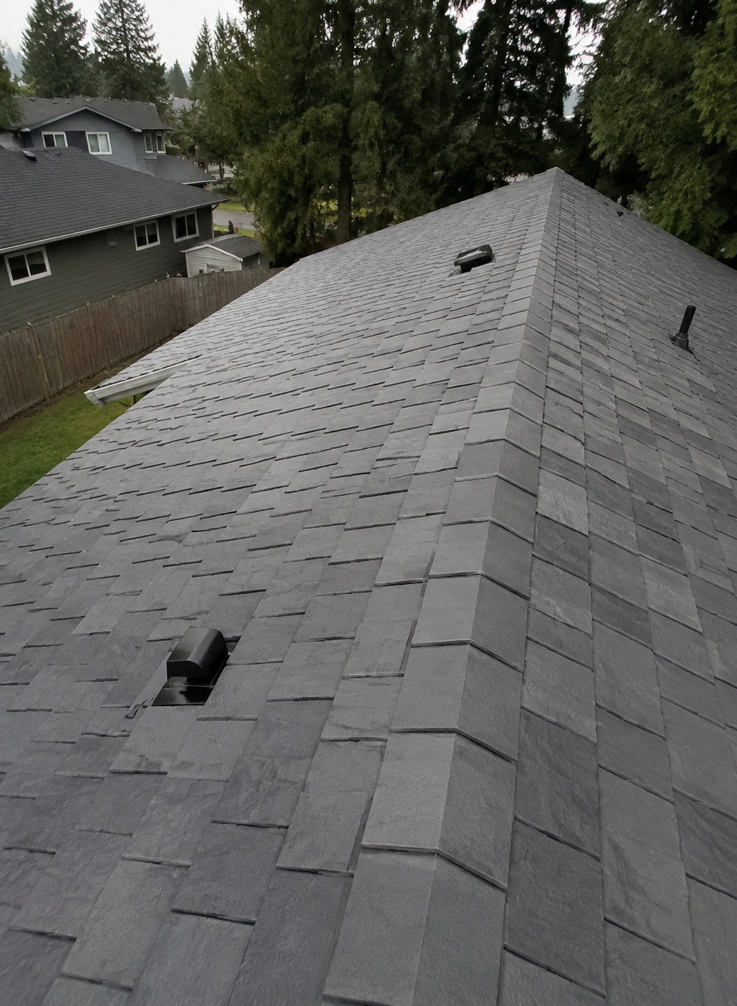 Synthetic slate roof tiles on a home in Gresham, Oregon